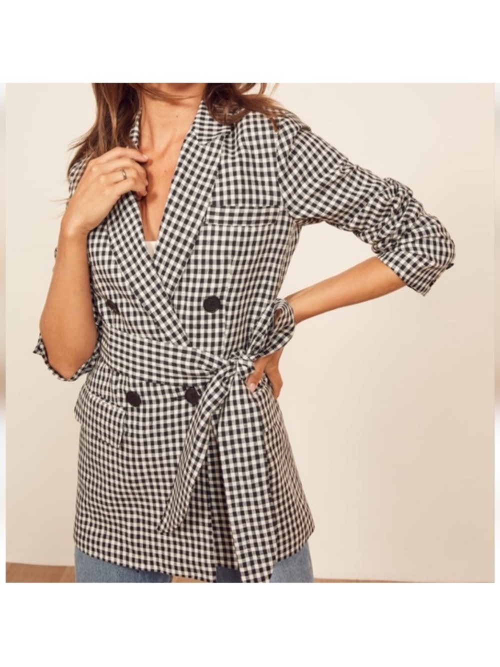 Reformation Black & White Gingham Wrap Blazer size M